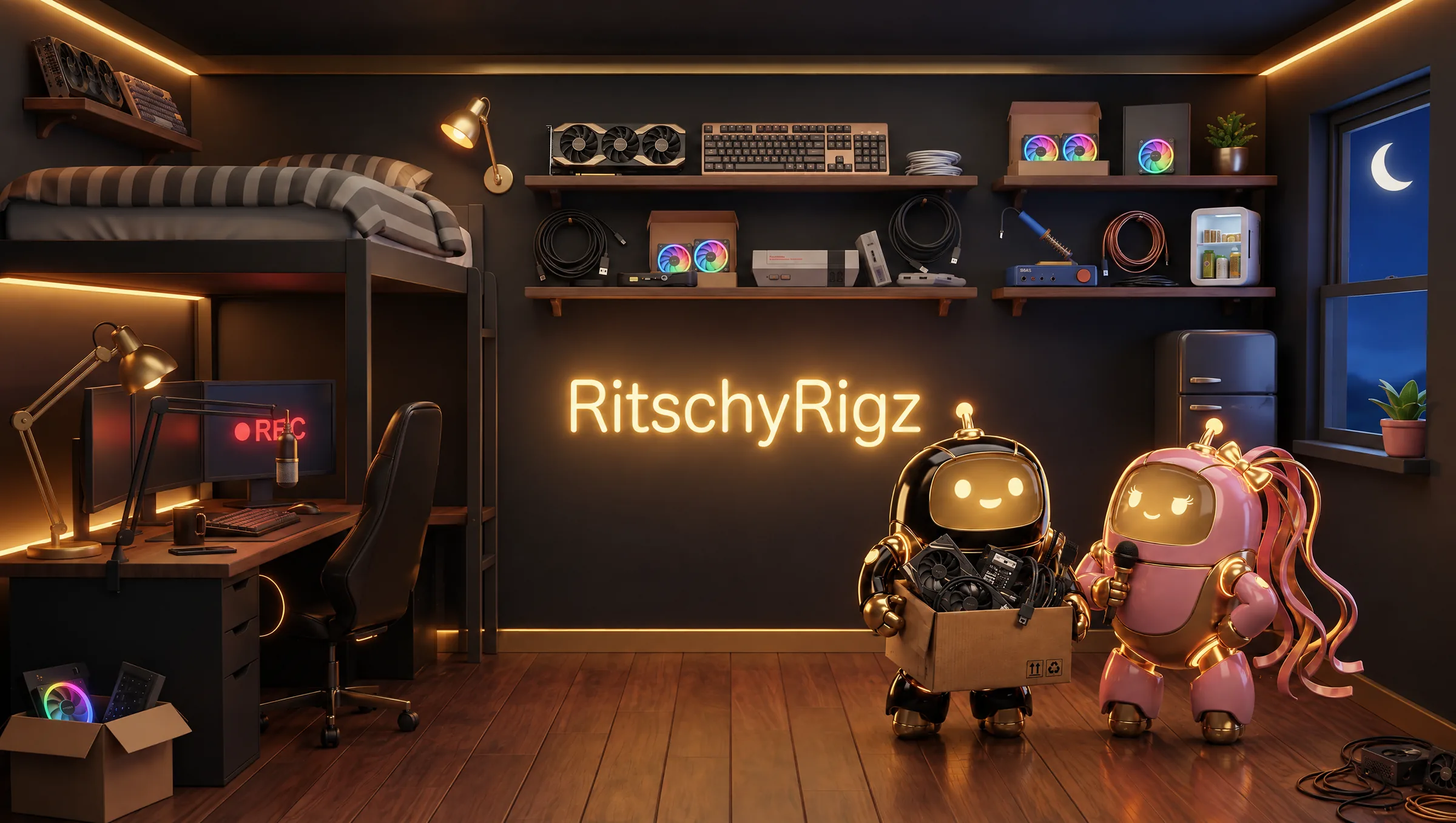 Bruno präsentiert stolz eine Kiste voller Kabel, Lisa steht mit Mikro daneben – in Ritschys nächtlichem Tech-Zimmer.